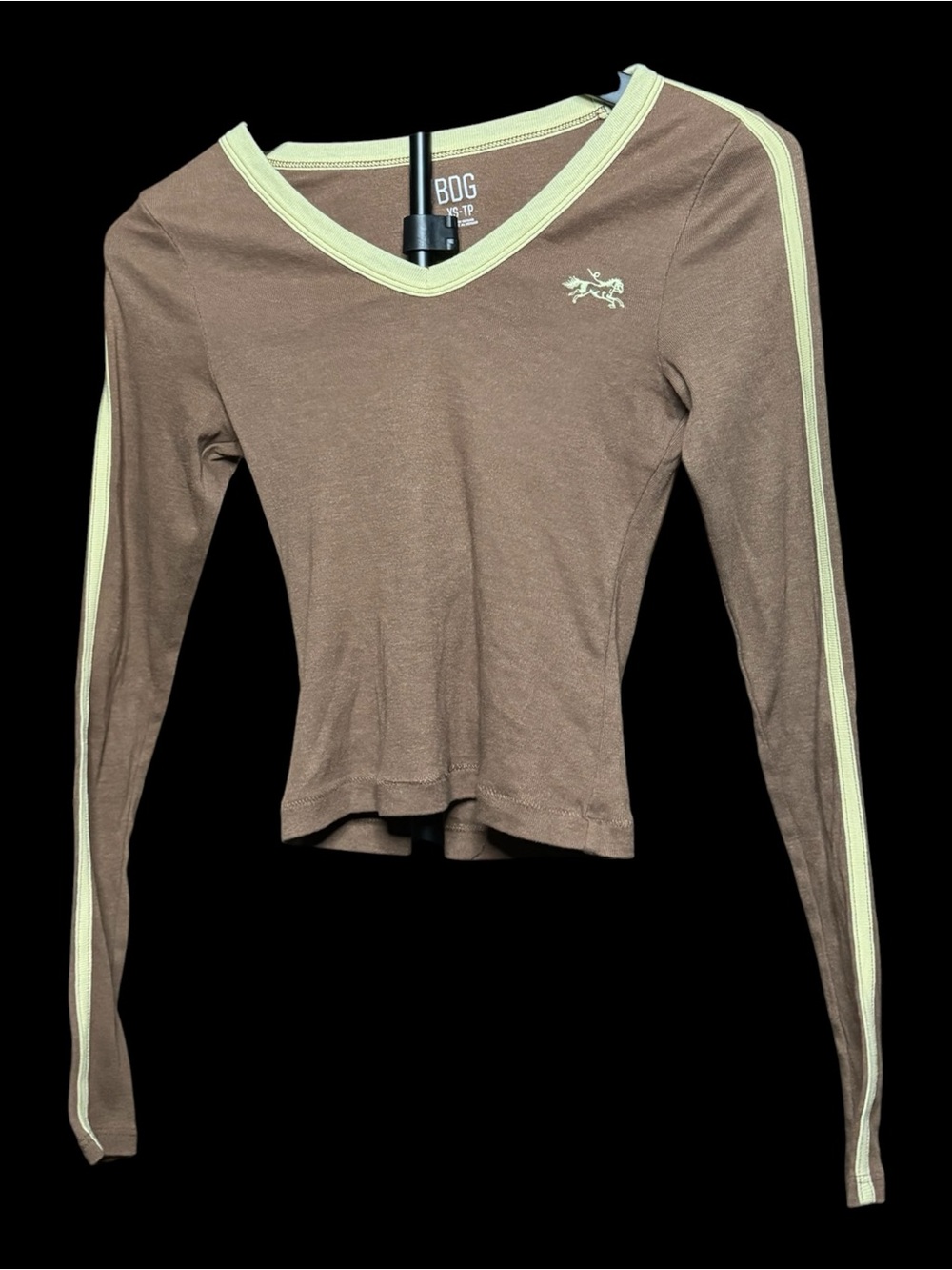 BDG Brown Long Sleeve V-Neck Top with Cream Trim